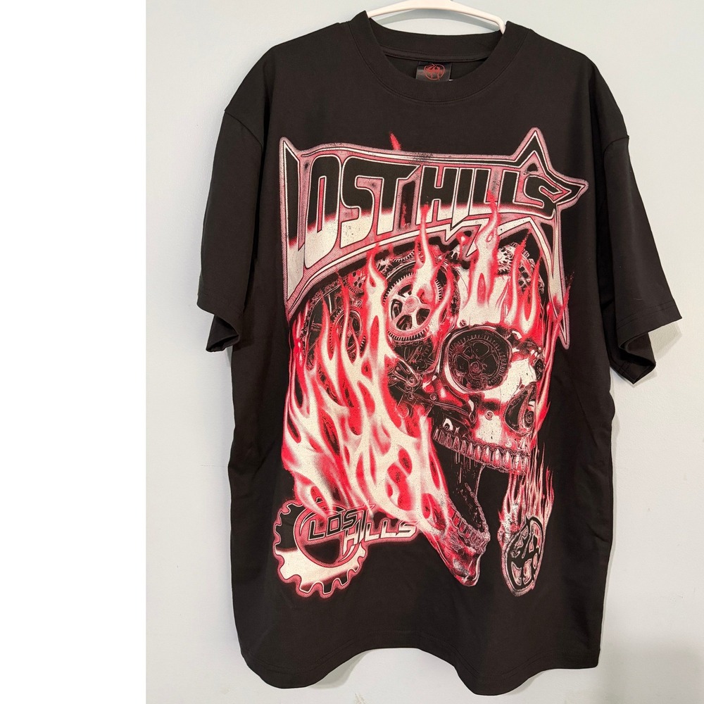 Lost Hills Men's XL Black Flaming Skull Graphic Streetwear Made in USA 0873